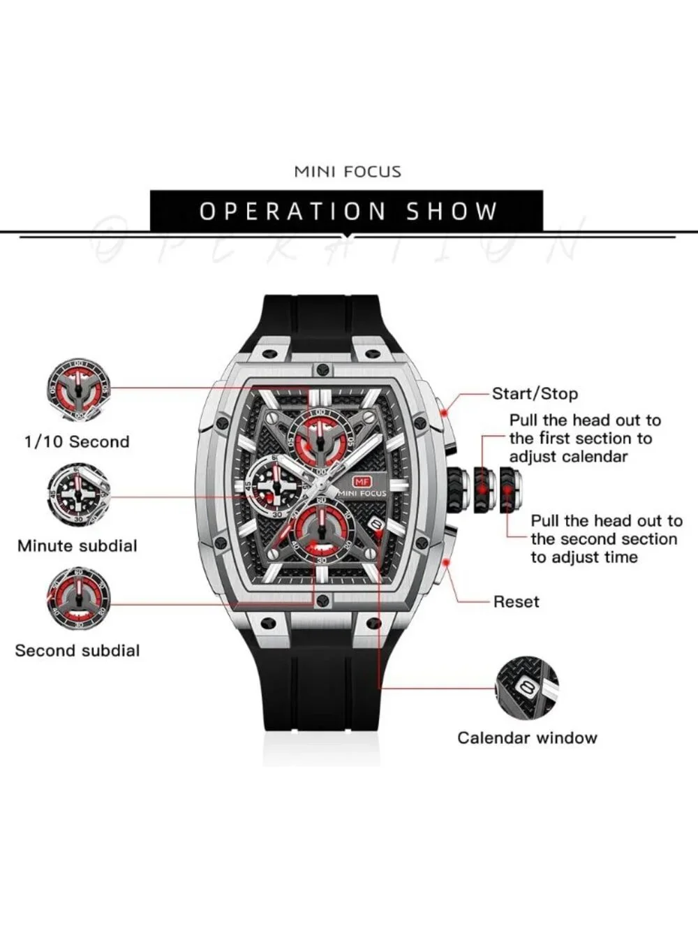 Men's Silver Analog Wrist Skeleton Tonneau Chronograph Ideal Enthusiasts Watch